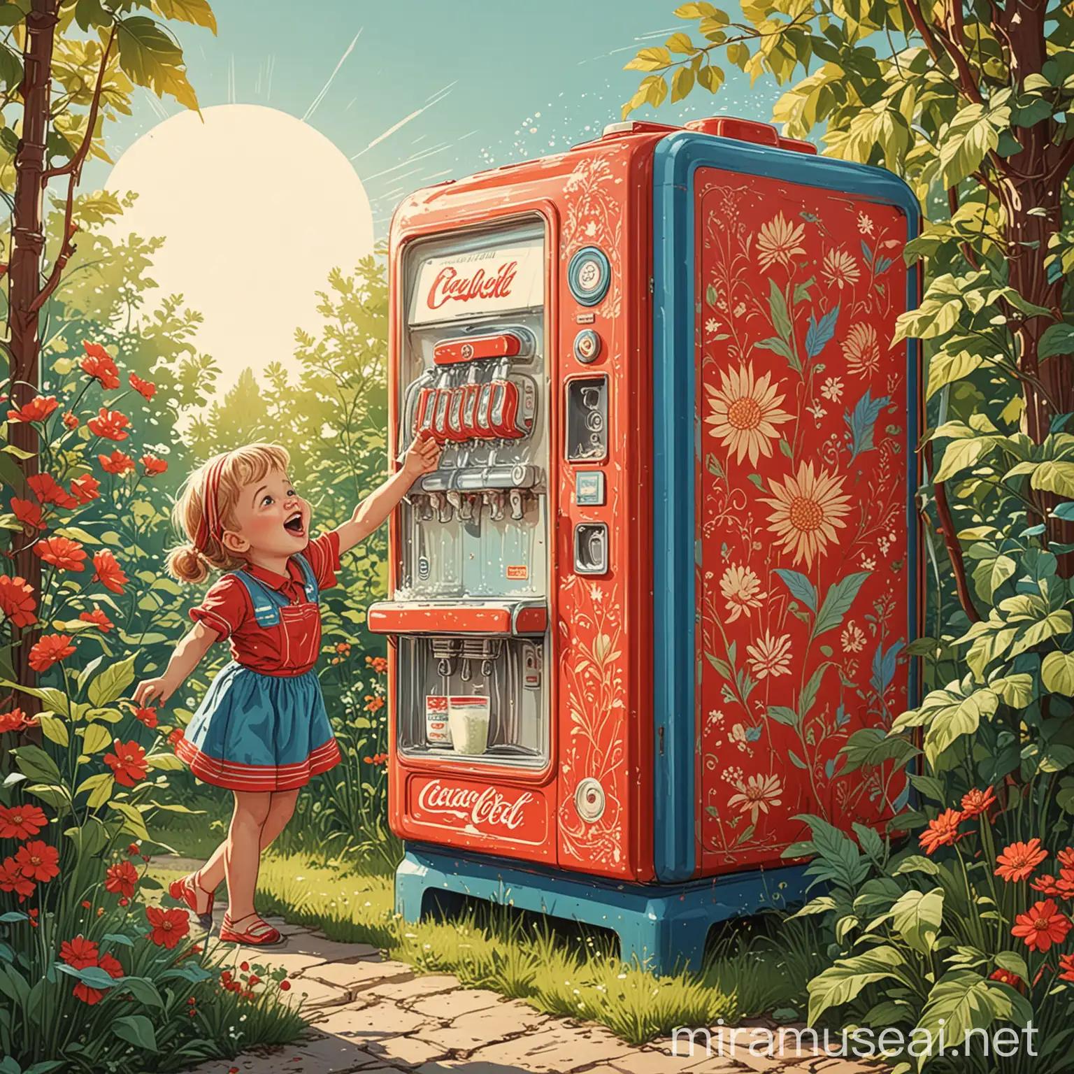 Cheerful Child and Retro Soviet Soda Machine Illustration