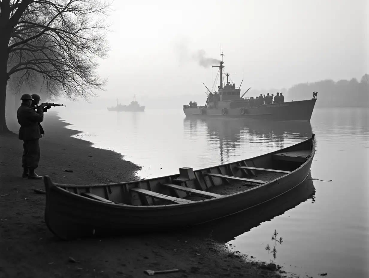 Germany 1945, dawn, River Elbe, extremely wide river, left bank not visible, right bank, empty destroyed rowing boat without people lies on the shore, no people on the shore, tree, next to the destroyed rowing boat a large military boat, soldiers on board, aim rifles at rowing boat.