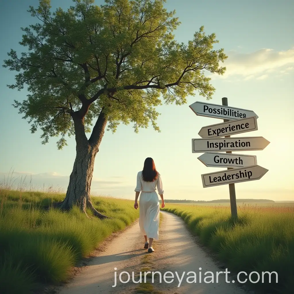Walking-Woman-on-a-Challenging-Path-with-Road-Signs-Symbolizing-Personal-and-Professional-Growth