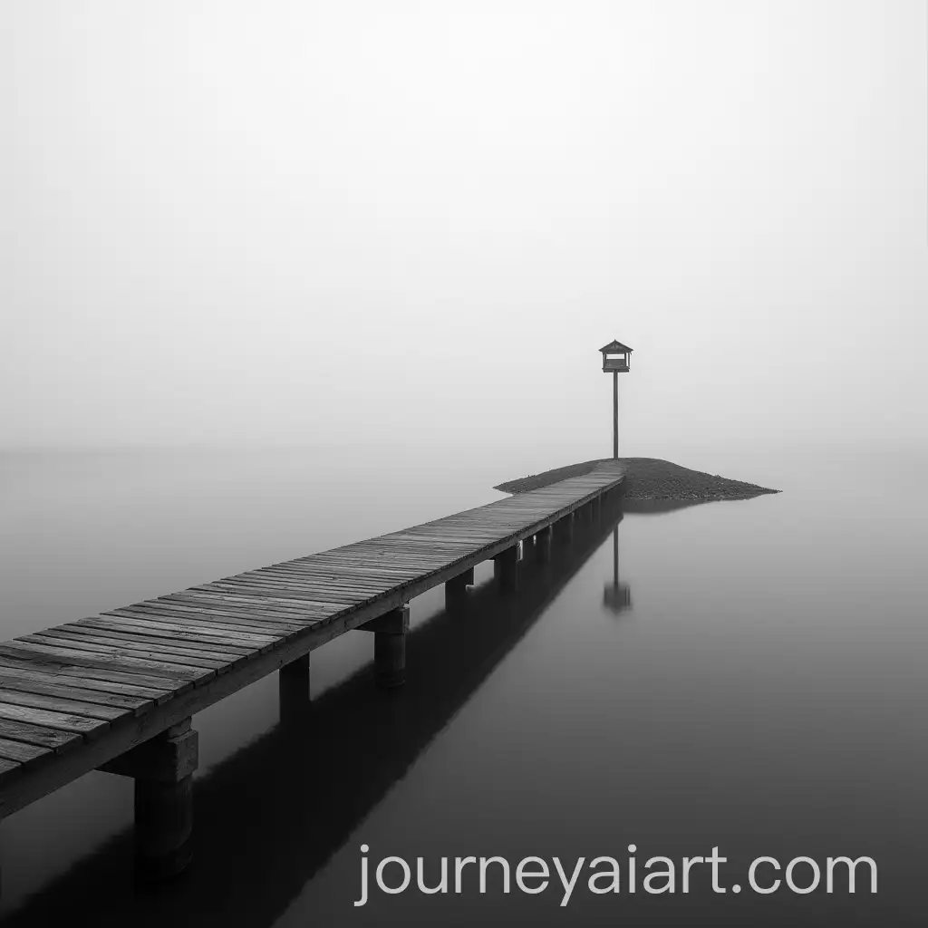 Misty-Black-and-White-Photograph-of-Wooden-Bridge-Connecting-Island-with-Birdwatcher