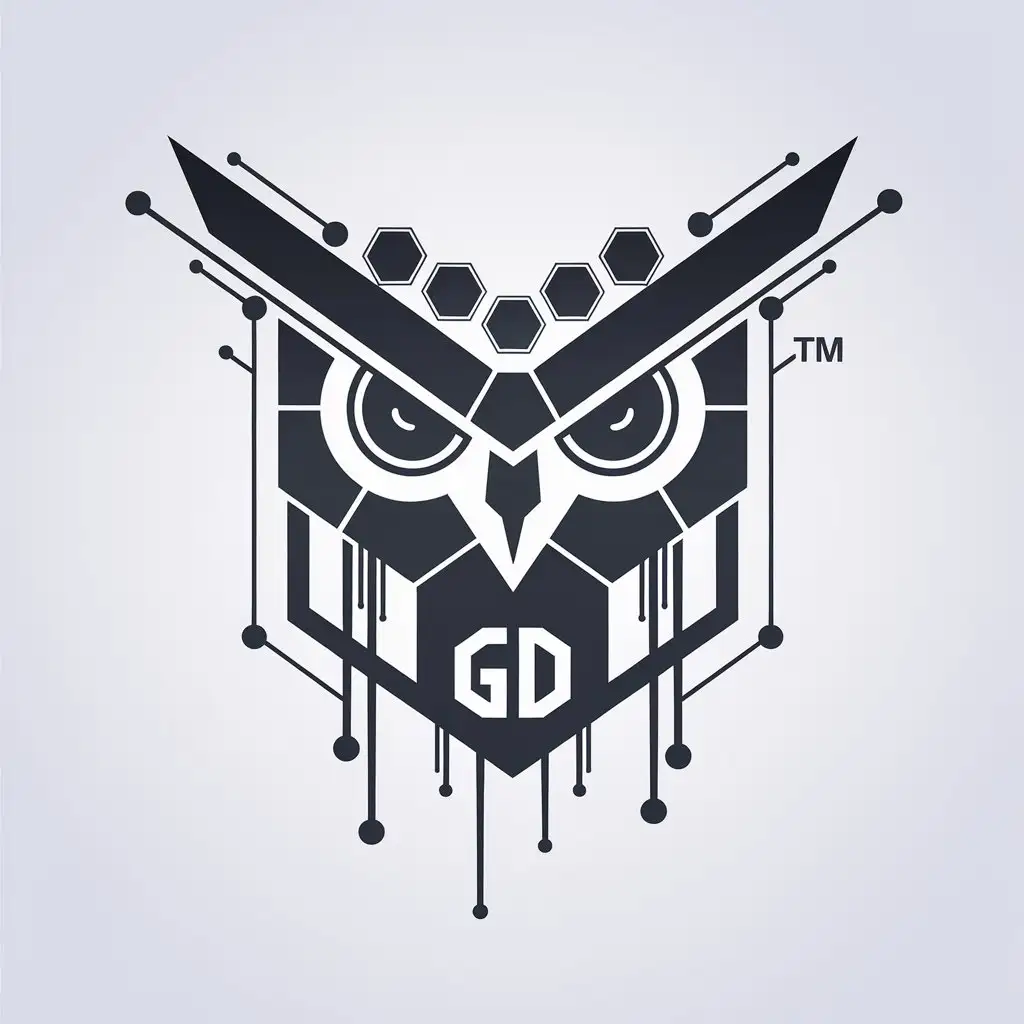 a vector logo design,with the text "™", main symbol:Hexagons merge with GD text, lines, sci-fi feel, mysterious feel, and owl mask fusion,Minimalistic,be used in Technology industry,clear background