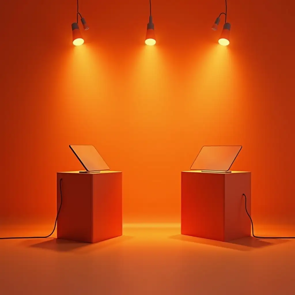 A backdrop for publishing phones with two podiums, orange color with silhouettes either electric or others with good appearance for advertising