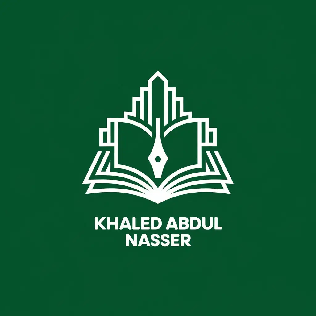 LOGO Design For Khaled Abdul Nasser Educational Theme with Book and Pen on Green Background