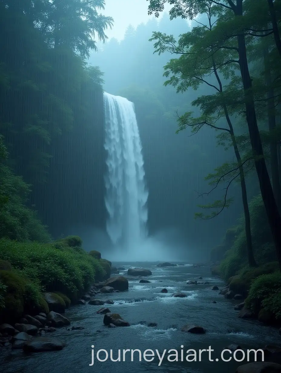 Serene-Landscape-Amidst-Heavy-Rain-with-Lush-Greenery-and-Reflections
