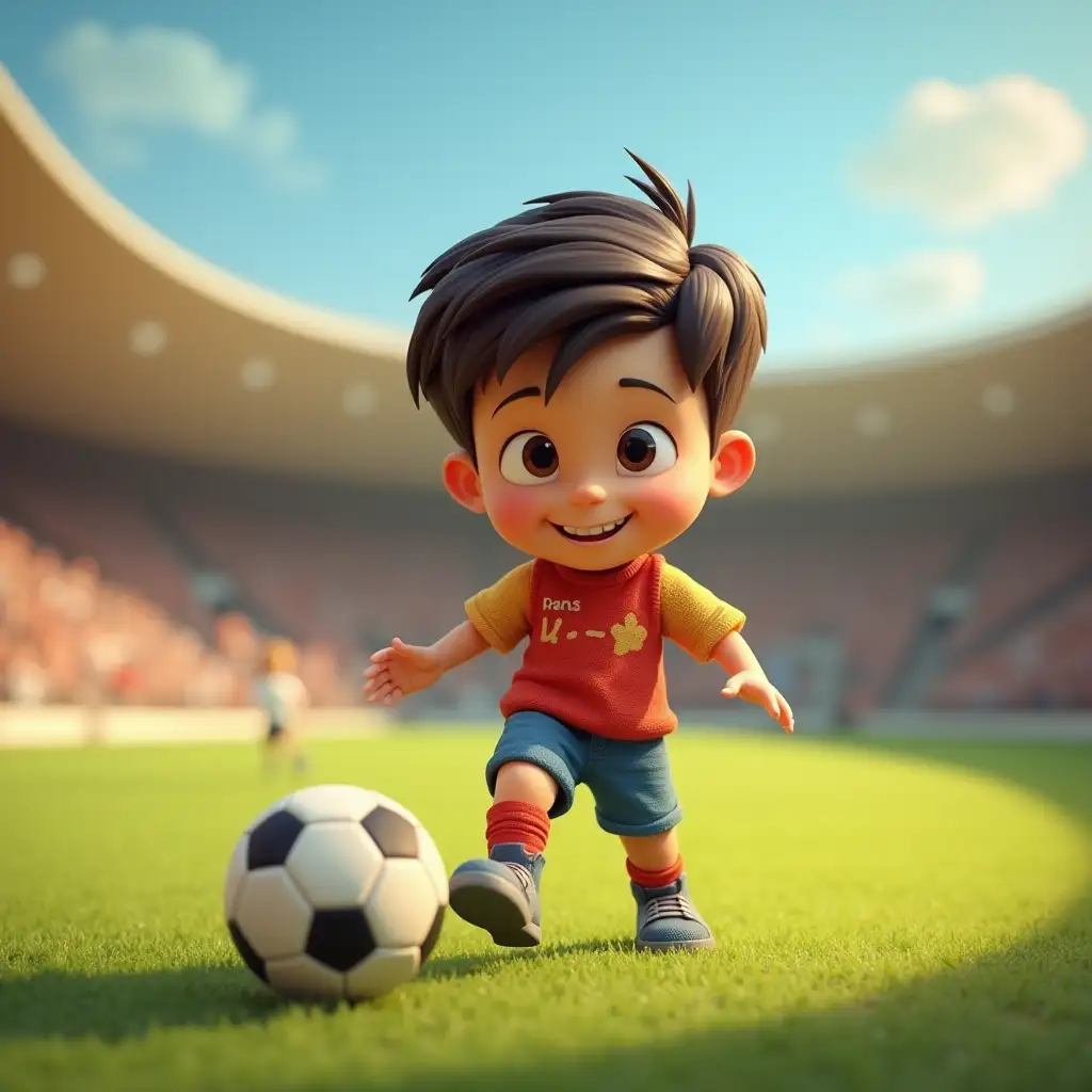 6 year old boy playing football in the ground. 3D Pixar Style