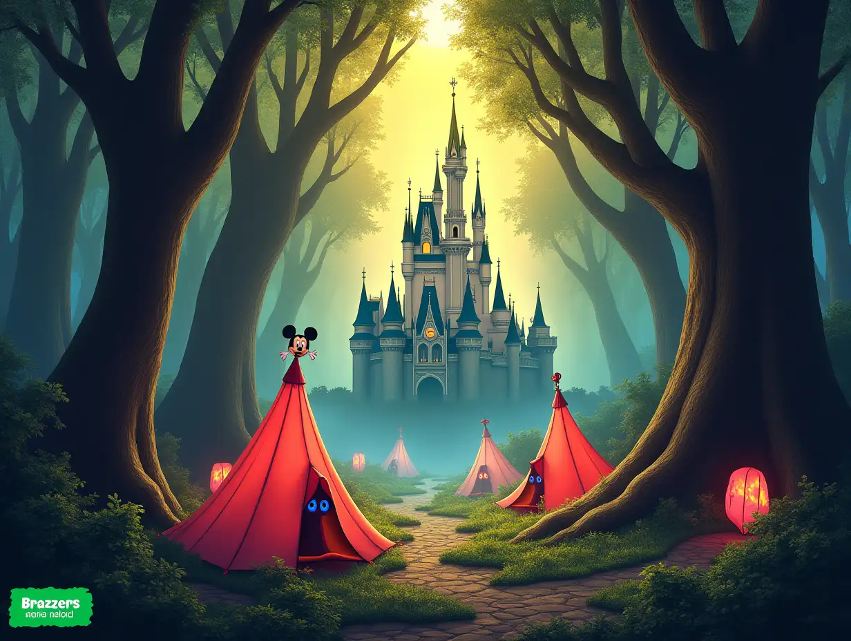 Surrealistic ancient forest with Disney-inspired elements. Rising, gnarled trees with massive trunks reach the misty canopy. Rays of golden sunlight penetrate through the leaves. Transparent, flickering tent-like structures are scattered everywhere. In the background rises the famous Disney castle, its spires merge with the trees. From under them peek out cartoon forest creatures with comically wide, anxious eyes. Mickey Mouse's head sits atop one of the hinting form of the tent. A text in Disney font says: 'Enchanted Tentacle Grove'. Bright colors give everything a neon, hallucinatory look. Green text in 4chan style in one corner. A small Brazzers logo in another corner.