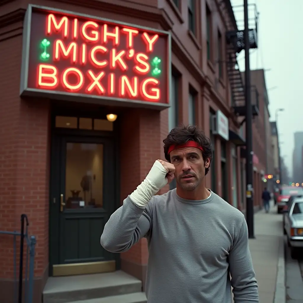 Create a portrait of Sylvester Stallone in the film Rocky from 1976. He is pictured from the waist up looking into the camera with a fist raised above his head as if he is punching the air. His fists are wrapped with white boxing wraps. He is wearing a grey 1970's crew cut thick grey cotton sweatshirt. He also has a narrow red sweatband around his head. He is standing outside a gym in downtown Philadelphia. There are 1970's cars parked in the street and the gym is a 3 Storie corner building in a 'Flatiron shape' made out of red bricks and with a door on the corner with steps leading up to it. There is a very large red and green neon sign above the door which is 4:3 format with a perspex case around it. It says 'Mighty Micks Boxing' in retro style lettering. All the electrical connections and construction of the neon sign are visible.