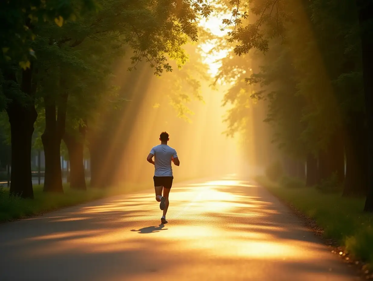 Morning-Runner-on-Sunlit-Road-Surrounded-by-Trees-and-Nature