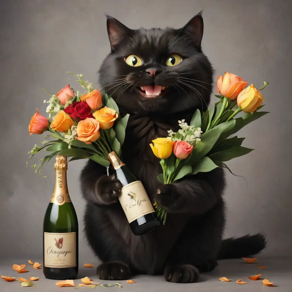 Smiling-Black-Cat-with-Champagne-and-Bouquet-Celebrating-March-8th-Holiday