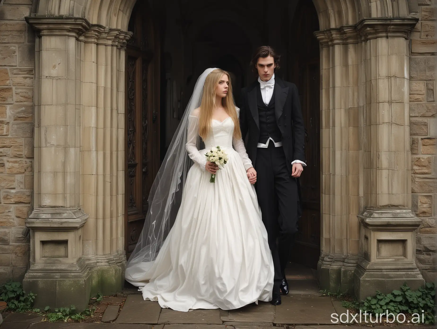 Victorian-Era-Wedding-Elegant-Groom-and-Shy-Bride-Exiting-Church-in-Rain