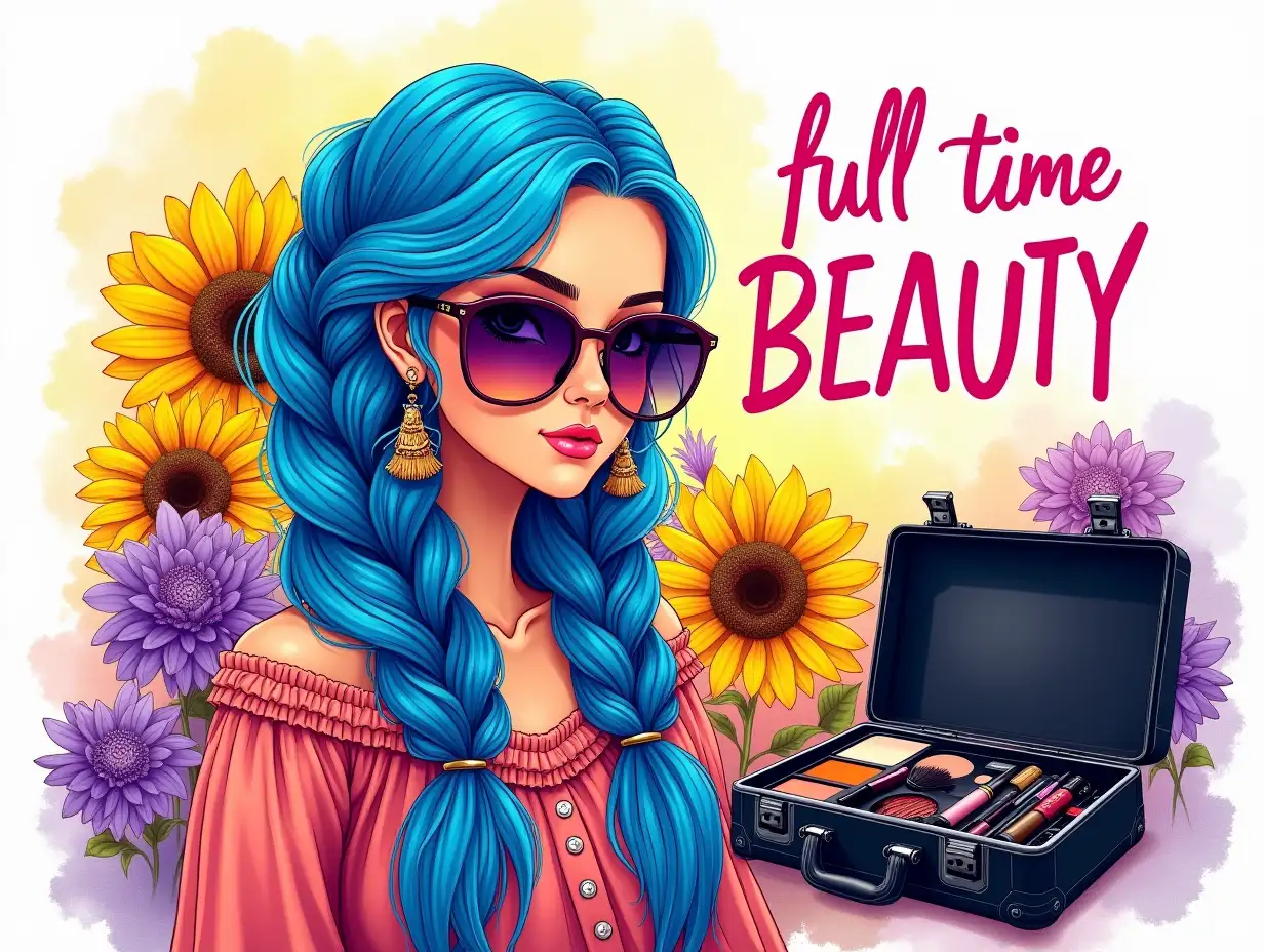 Create a vibrant illustration of a young woman with long, bright blue hair in intricate braids, wearing oversized sunglasses and bold earrings. The text 'full time BEAUTY' in a bold, playful font, and add watercolor splashes in the background for an artistic touch. She is surrounded by sunflowers and purple flowers for a bohemian look. In the foreground, an open black makeup case reveals brushes and cosmetics, emphasizing beauty. Use modern pop art elements with saturated colors like deep purple, rich yellow, and electric blue for a lively atmosphere.