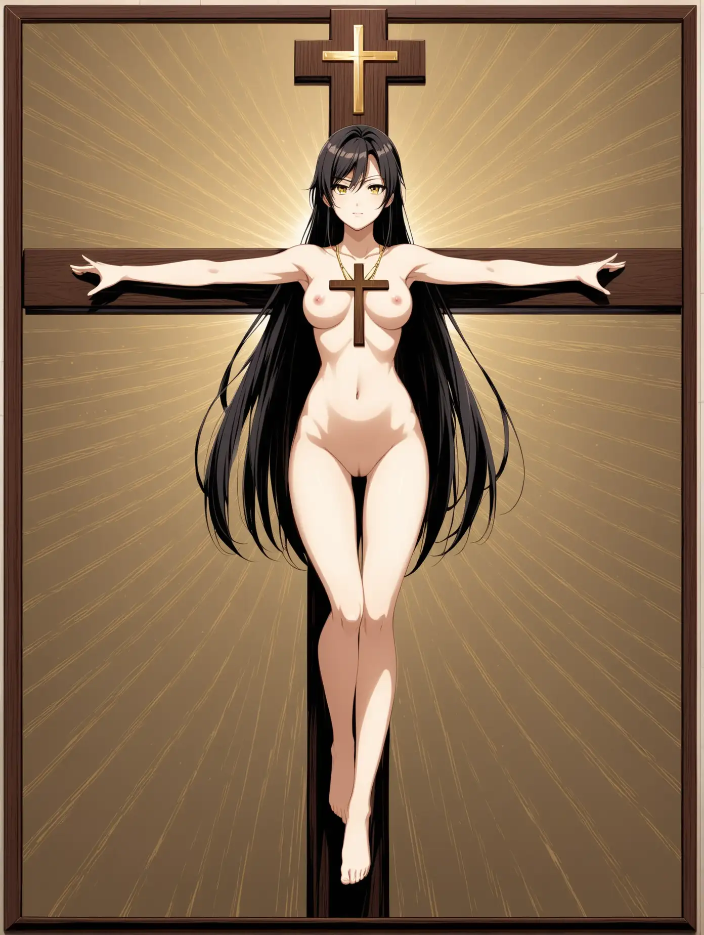 Japanese female, sakuya shirase, young woman, tall body, black hair, ponytail hairstyle, dark yellow eyes, bared, vital, vitruvian woman, full body, the cross pose, outstretched arms, hanging cross wall plaque, small cross necklace