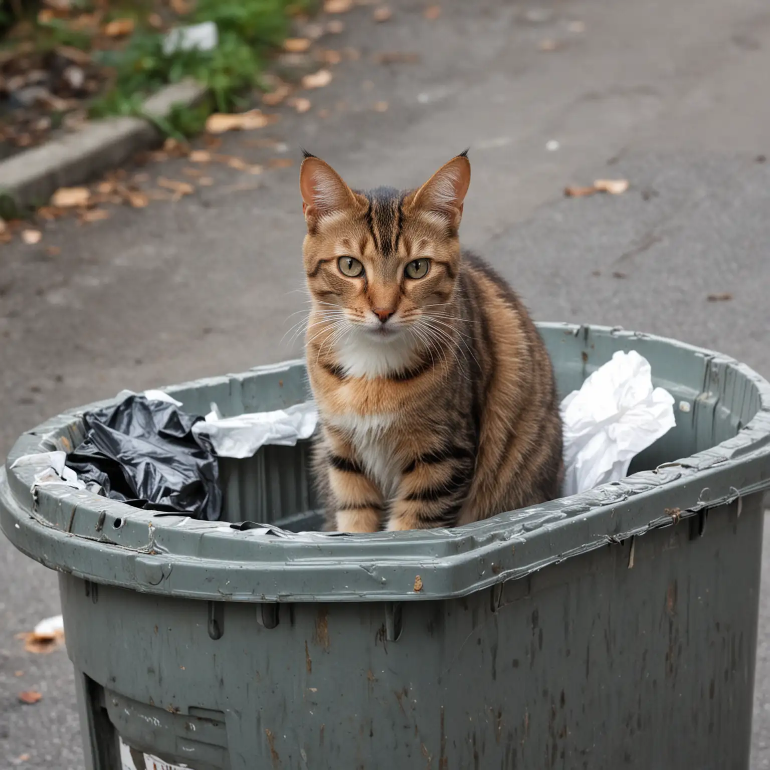 Stray-Cat-Sitting-on-Trash-Bin-in-Urban-Alley