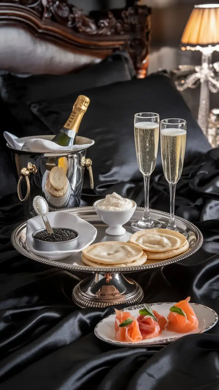 Luxurious-Champagne-and-Caviar-Breakfast-in-Bed-with-Sophisticated-Setting