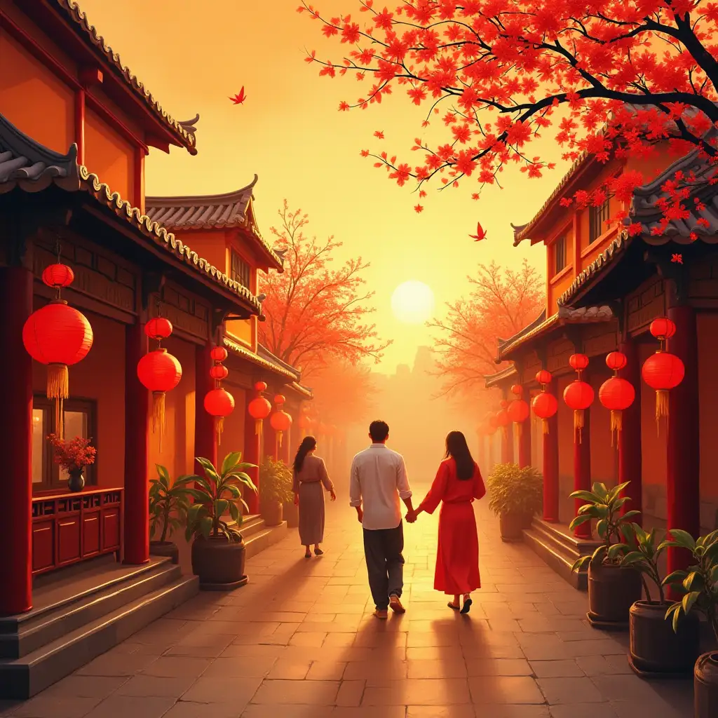 a painting depicting the traditional Lunar New Year atmosphere of Vietnam, in iconic photography style, lively, modern and nostalgic