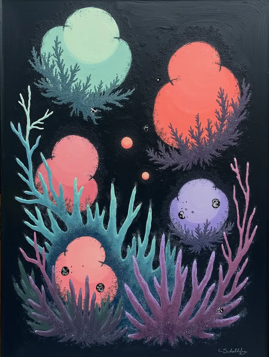 Create an abstract painting with a rugged black background of craggy brushstrokes, interspersed with pastel shapes like translucent alien flora in soft coral, mint green, and lavender. Add fine, intricate details on the shapes to give the impression of a surreal extraterrestrial ecosystem.