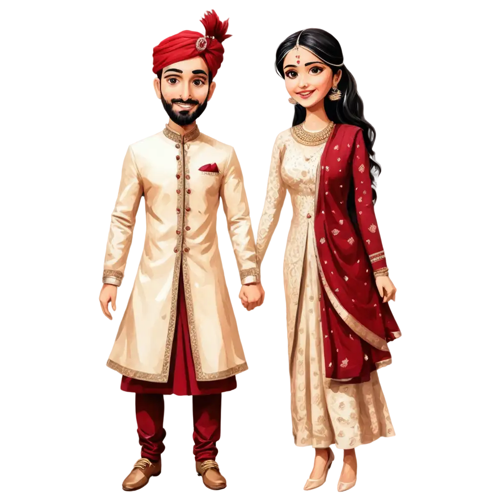 Indian-Wedding-Caricature-in-Maroon-Lehenga-Outfit-for-Bride-and-Groom-in-Cream-Colour-Sherwani-PNG-Image