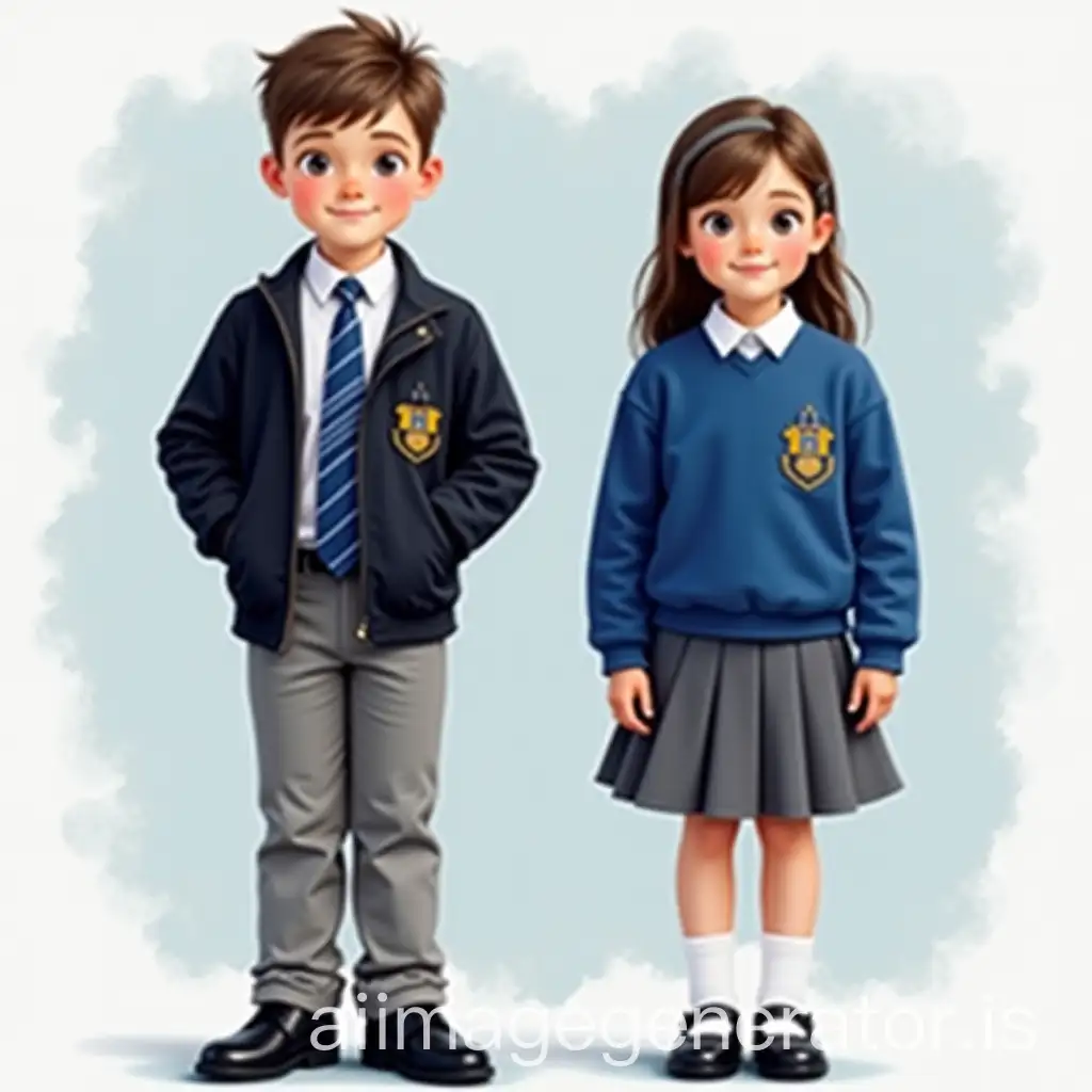 a boy wearing a school uniform consisting of a white shirt, a blue tie, light grey trousers, a black jacket with a crest and black leather shoes. Next to him is a girl from the same school who wears a blue sweater the same color as the boy's tie and with the same crest as on the boy's jacket, she has a white shirt collar visible on her sweater, a grey skirt the same color as the boy's trousers, white socks and black leather shoes. the children are the same height and have heads of the same size.