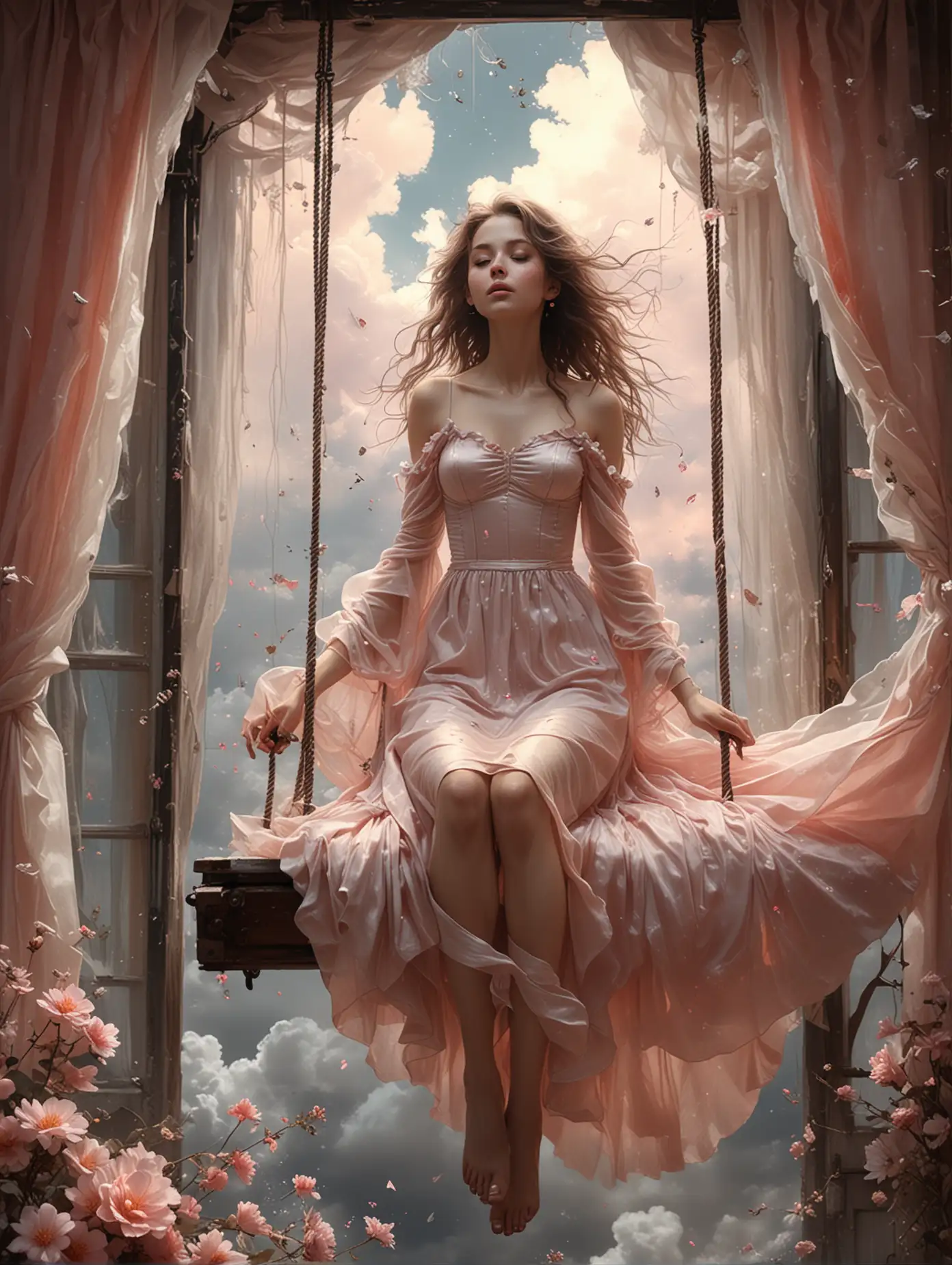 Ethereal-Girl-on-Swing-Flying-through-Pinkish-Skies