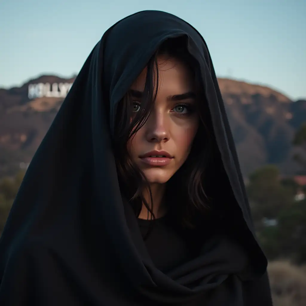 A picture of a beautiful woman with a dark veil hanging over her head and the famous Hollywood sign in the background