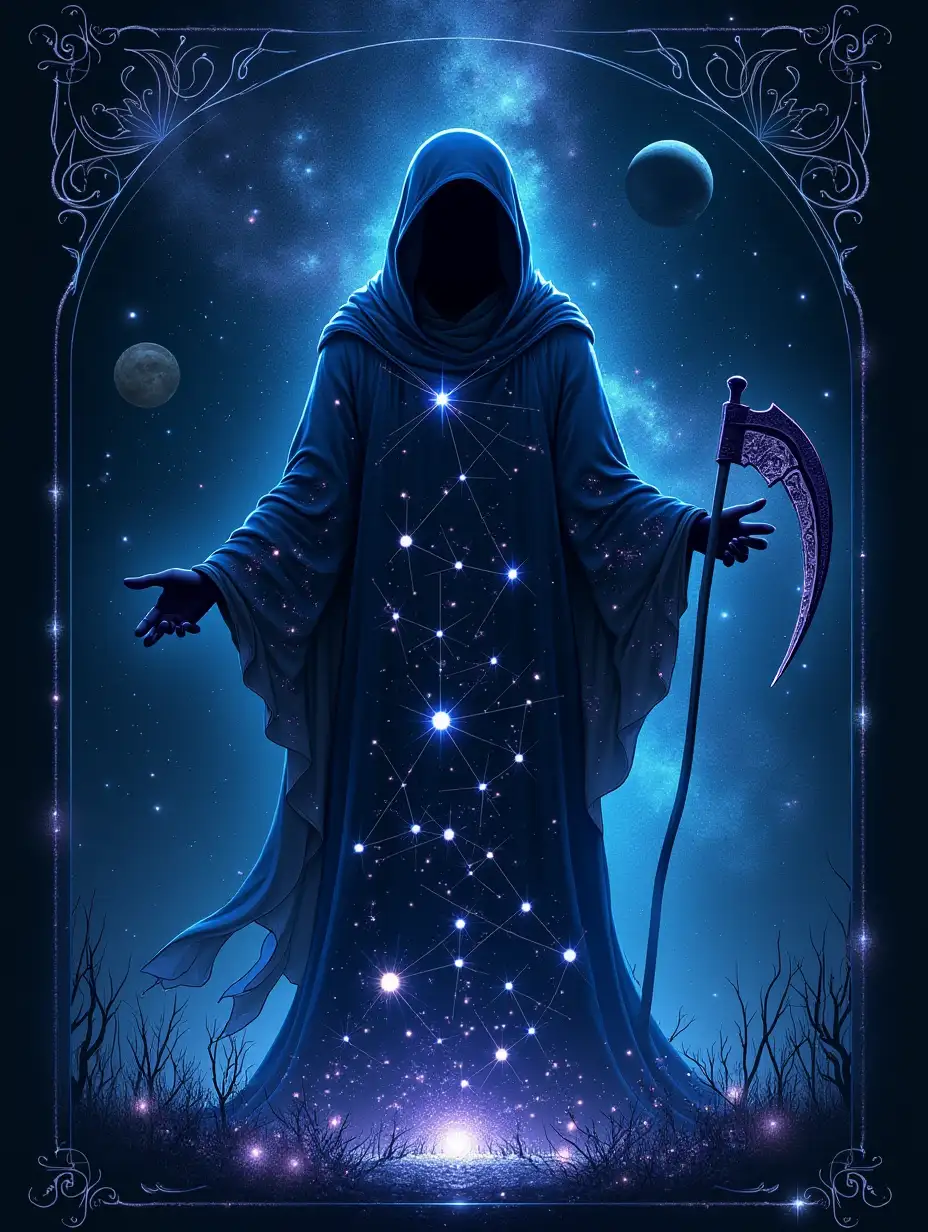 Tarot card 'Death' where Death is presented as a constellation. The silhouette of the Reaper with a fluttering cloak and hood, composed of 15 bright stars and 10 smaller ones: 6 stars form the cloak, 4 - hands, 8 stars - a scythe or sickle, 3 - a skull and 4 stars - a hood. Connecting the stars with holographic lines in a blue-violet palette, creating the effect of visibility of this figure. Around the silhouette, add glowing star dust to enhance the mystical atmosphere. In the background, place iridescent nebulae, planets and individual stars that are not part of the constellation to emphasize the grandeur of outer space.