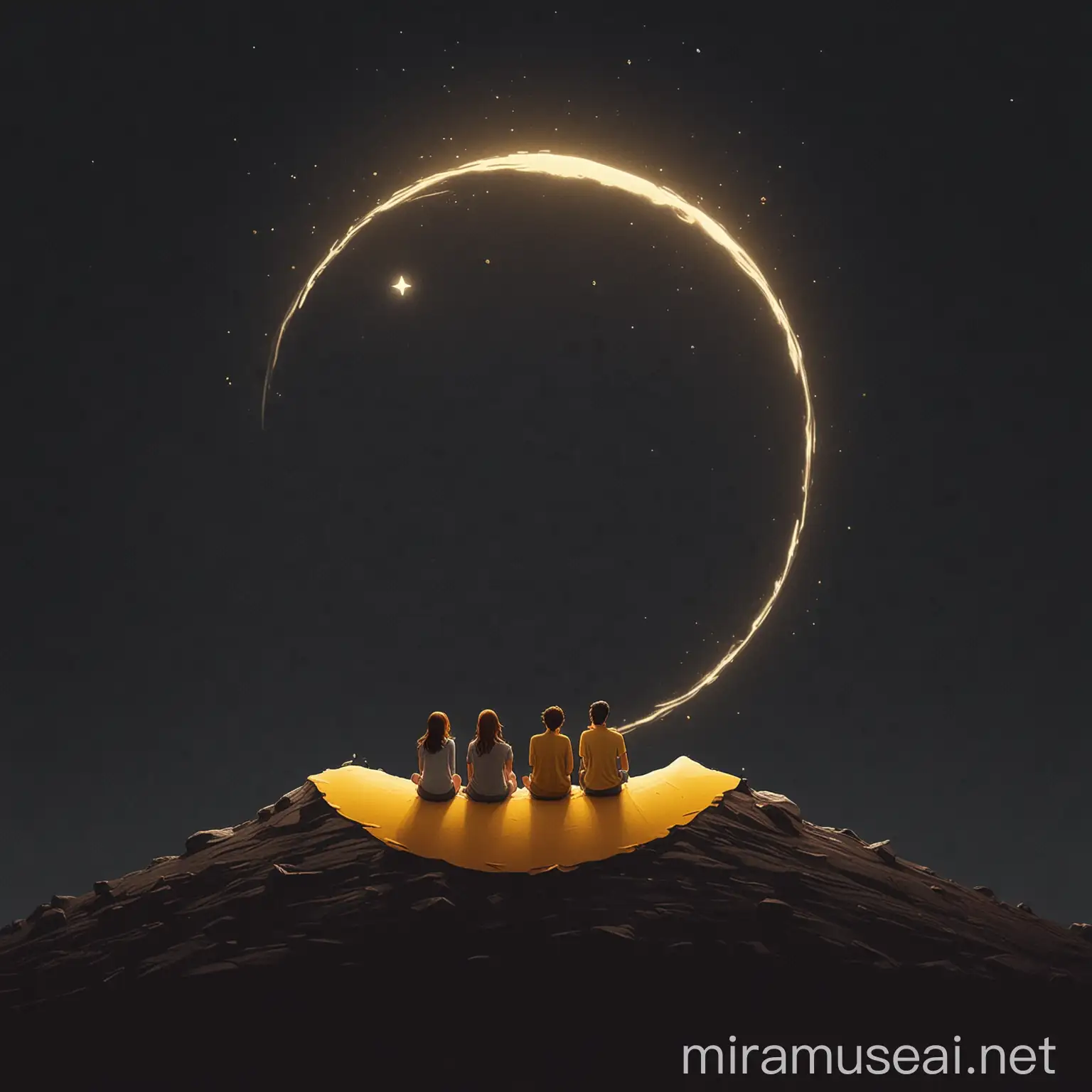 Minimalistic Illustration of Friends Sitting on the Yellow HalfLit Moon at Midnight