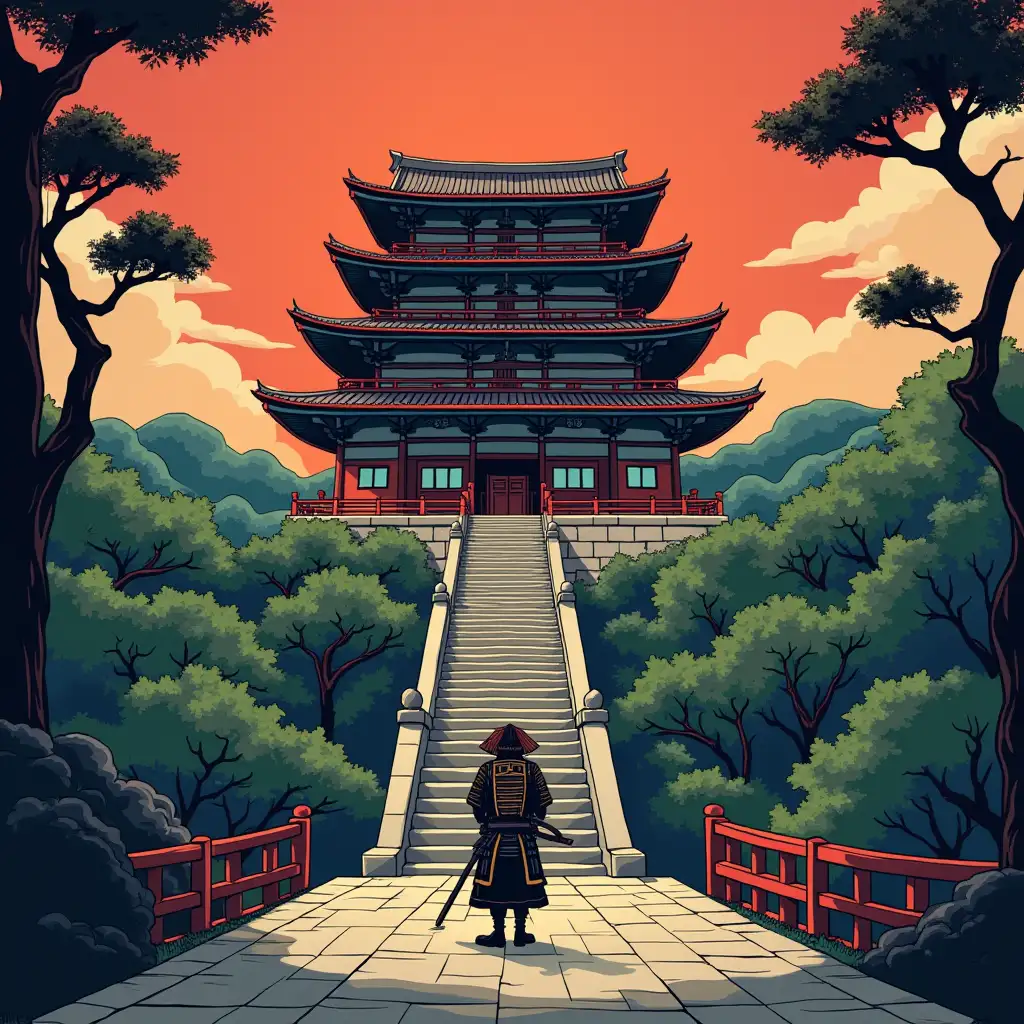 Vector-Graphic-Comic-of-Samurai-Ascending-Stairs-to-a-Majestic-Temple