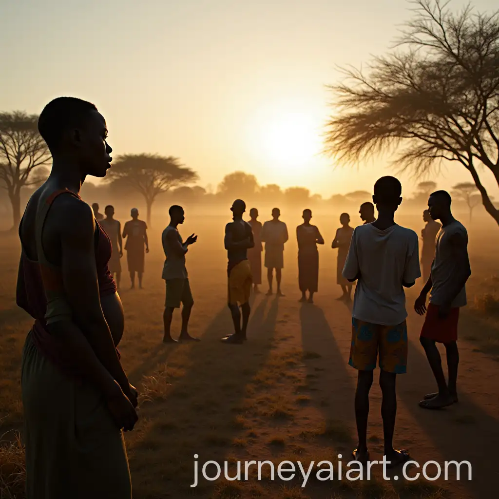 African-Villagers-Gathering-in-the-Morning-in-a-Somber-Mood