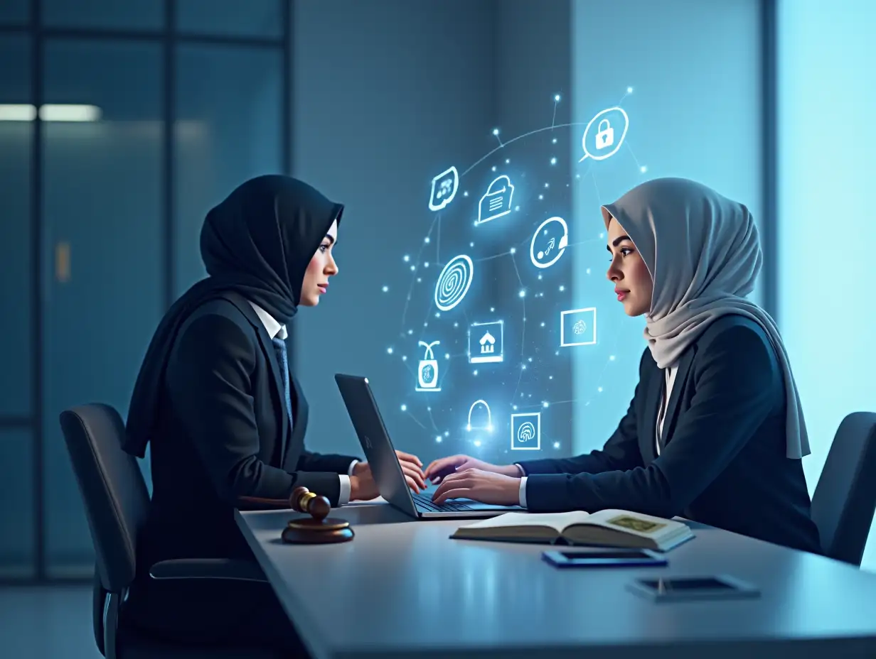 A realistic female lawyer wearing a hijab sitting on the left side of the image at a modern digital desk, wearing a formal dark suit and tie, focused and working on a laptop. The laptop screen shows a professional law firm website. Around her, floating semi-transparent digital icons: contact form, appointment calendar, message/chat icon, justice scale ⚖️, a pie chart and bar graph, glowing holographic folders, a fingerprint scan, digital contract document, and a secure padlock. On the desk are a smartphone, a tablet, a legal book, a glowing Persian-style law firm logo in deep purple-blue, connected by glowing lines to suggest interconnectivity. The background is a clean modern minimalist office or abstract digital space, with network and cloud symbols subtly floating in the sky to reflect an online presence. Strong use of legal elements like books, gavel, documents, and scales of justice, combined with tech elements like data charts, biometric icons, and digital UI. Color palette: deep indigo/purple-blue (matching the logo), white, light gold, cool bluish accents. The ENTIRE right side of the image is clean, completely empty, and intentionally devoid of ANY elements. Maximize the blank space on the right for text or graphic additions.