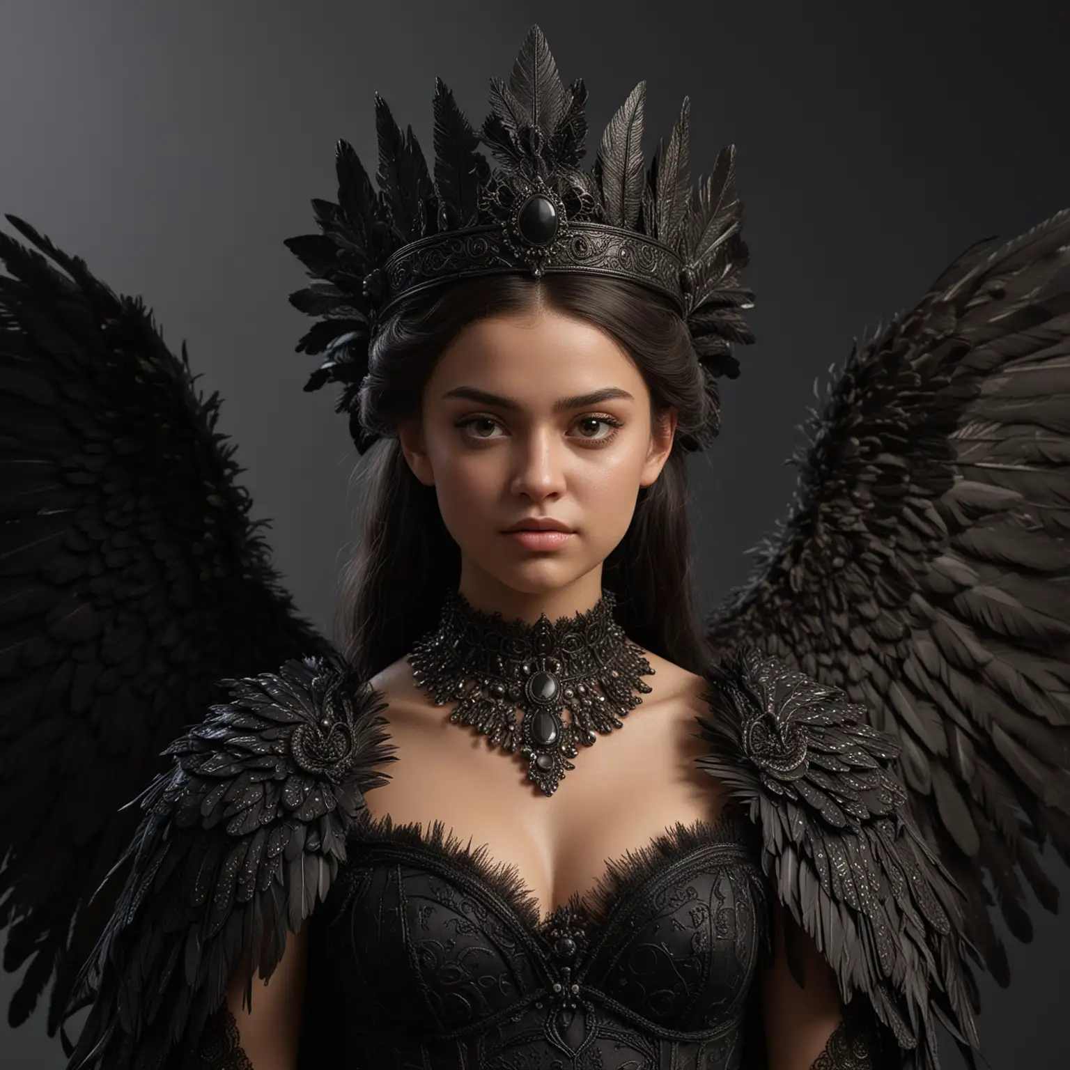 A 22-year-old woman with black feathered wings standing in front view. She is wearing intricate black historic clothing with detailed textures, including a black crown on her head. The scene is photorealistic with neutral lighting, showing realistic skin details and a highly detailed depiction of her outfit.