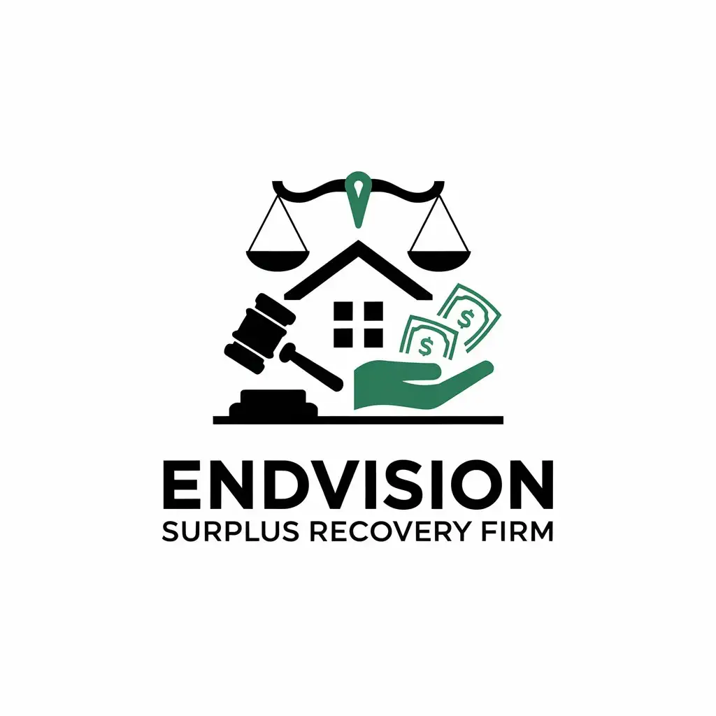 LOGO Design for EndVision Surplus Recovery Firm Minimalistic Gavel House Justice Scales and Caring Hand Theme