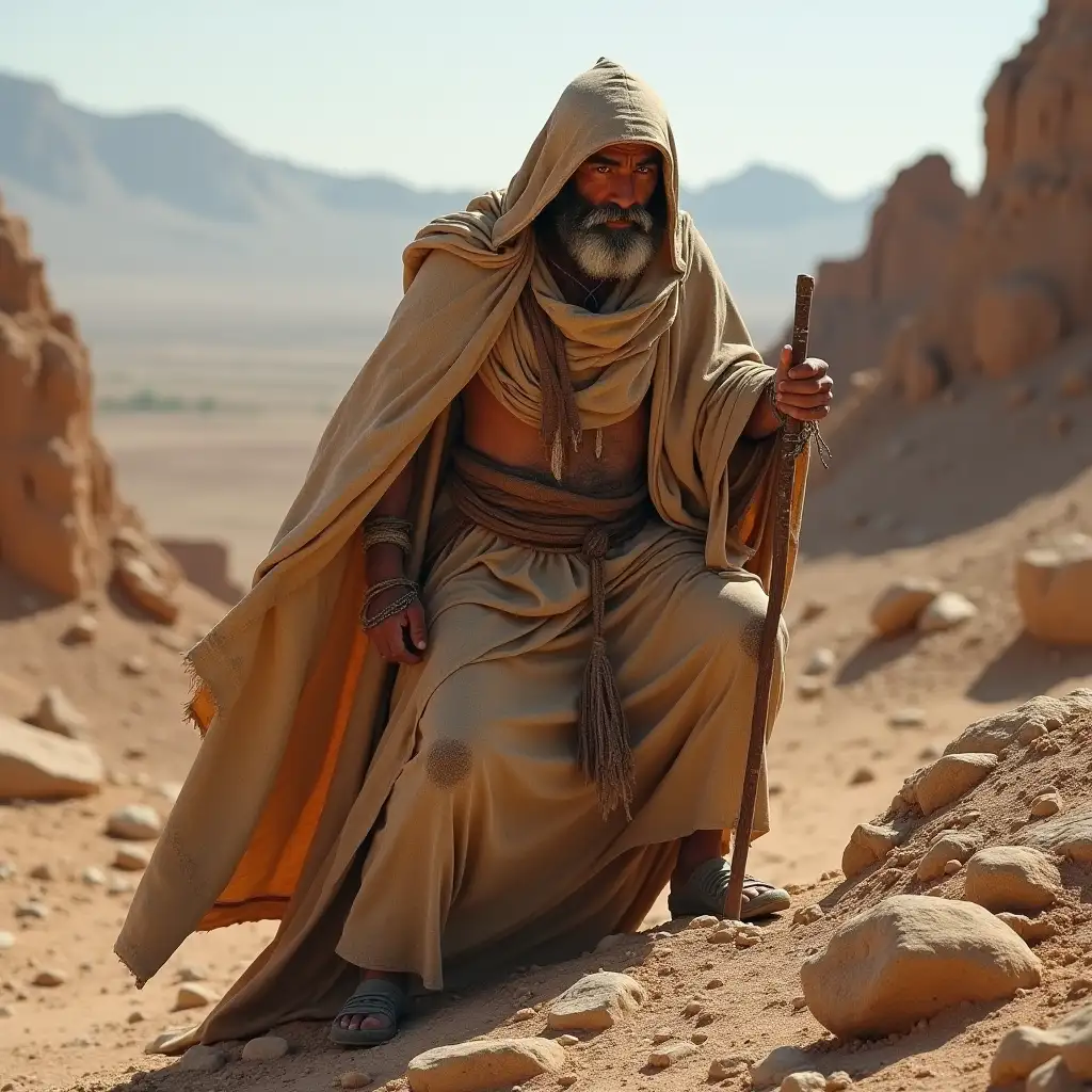 Nomad-Climbing-Rocky-Terrain-with-Staff-in-Arid-Landscape
