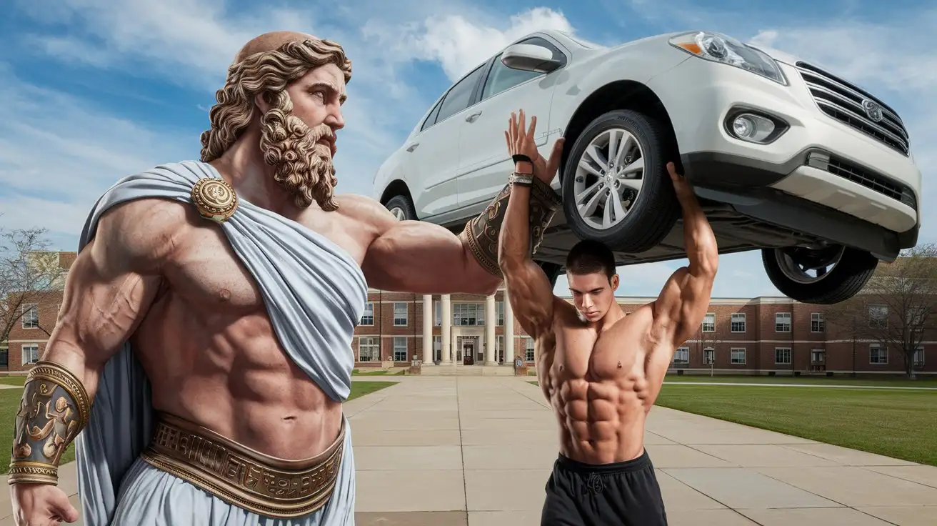 Zeus gives awesome superpowers to a college bodybuilder. Photorealistic.