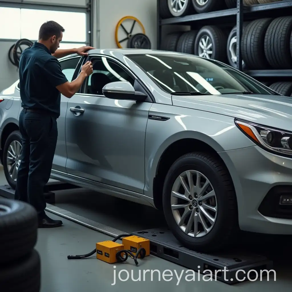 Technician-Adjusting-Wheel-Alignment-in-Tire-Store