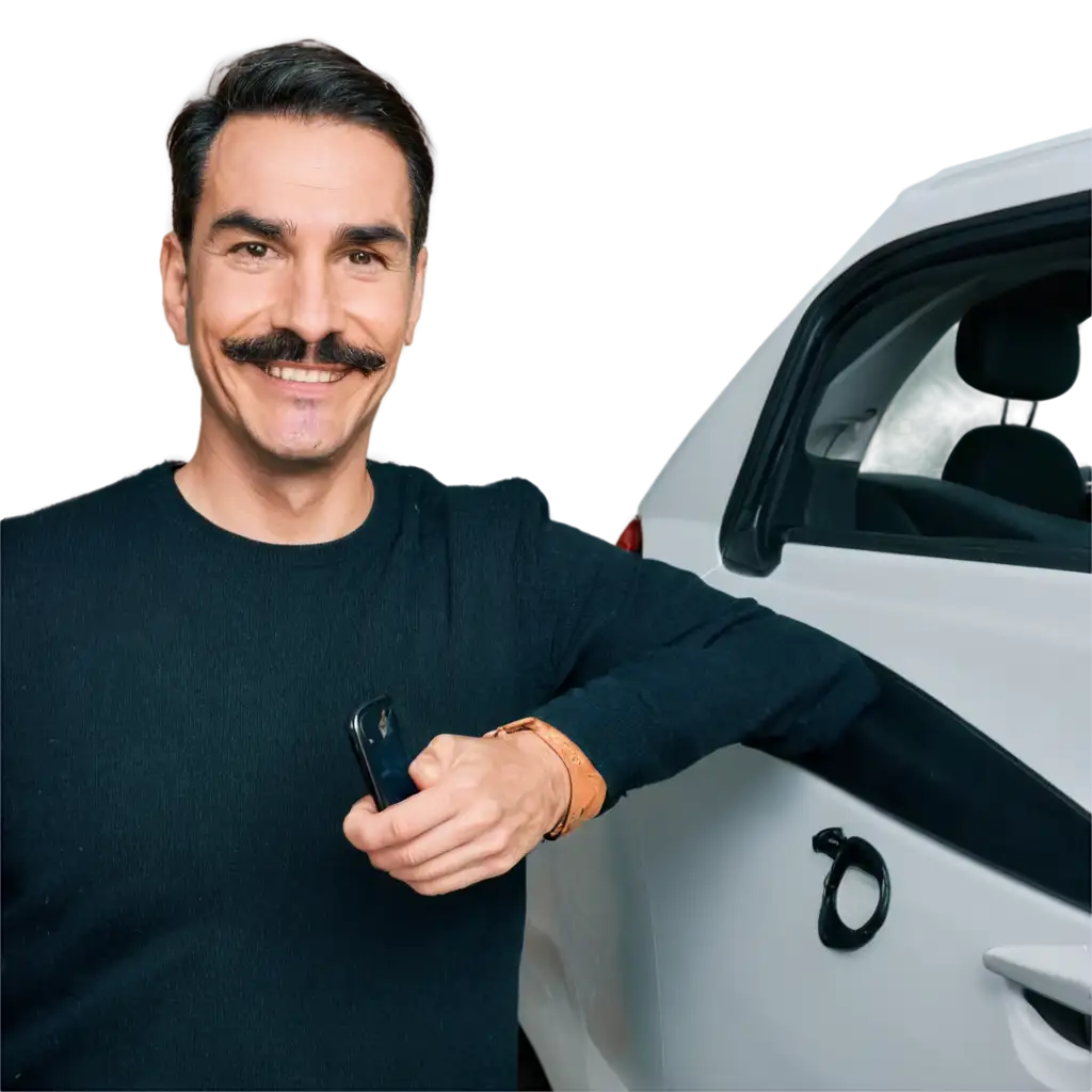 Uber-App-Driver-with-Happy-Curved-Mustache-Pointing-to-Cellphone-PNG-Image