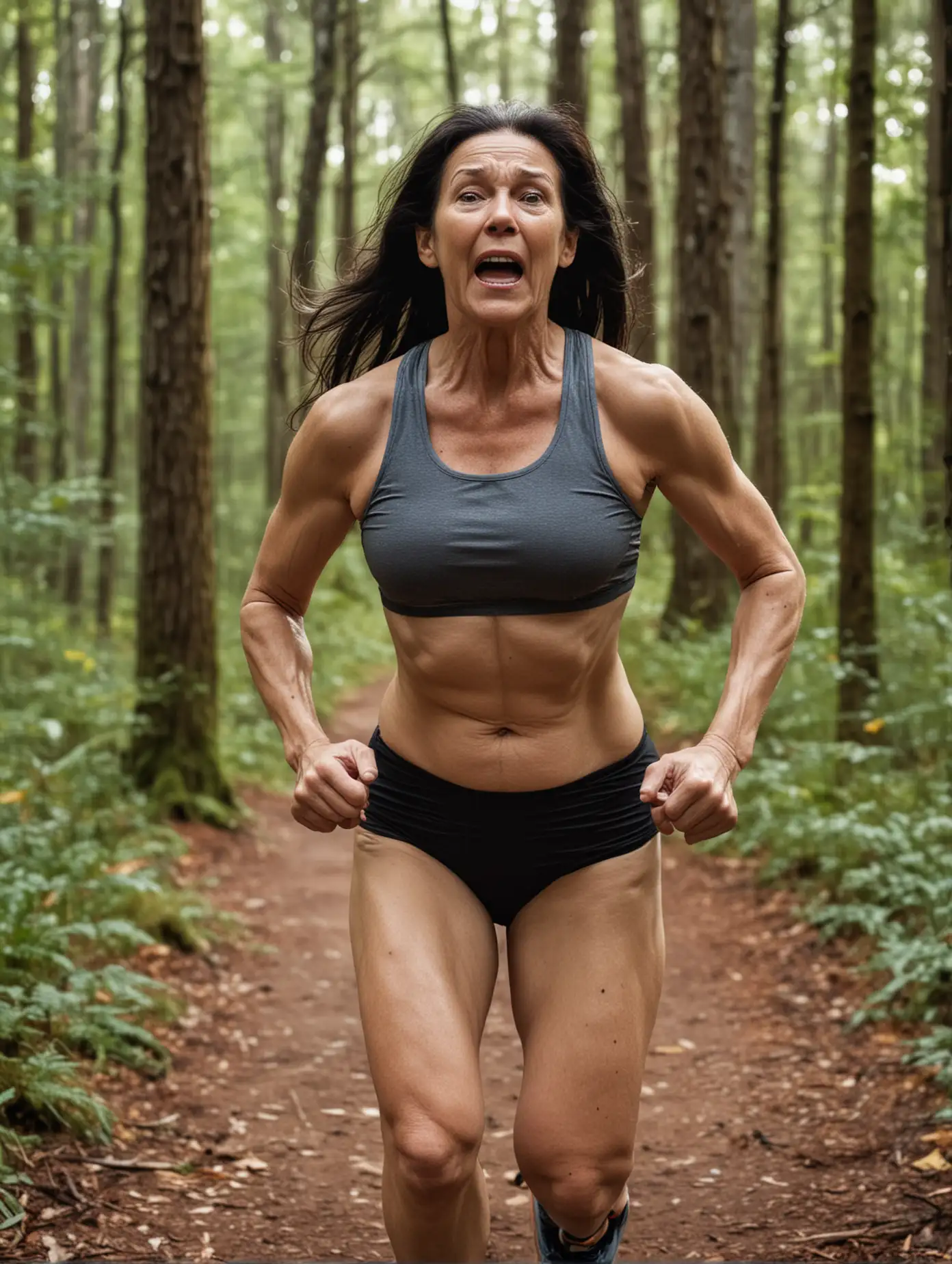 60 year old woman, long dark hair, wearing a sports bra and running shorts, slightly overweight, running through a forest, crying