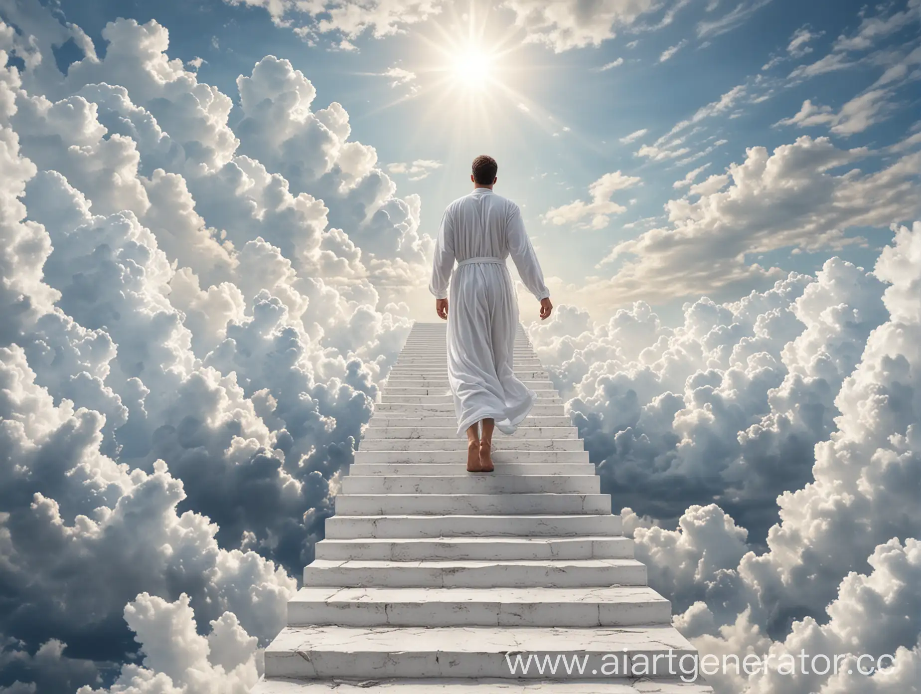 Man-in-White-Dress-Walking-on-Stairway-to-Heaven-Against-Sky