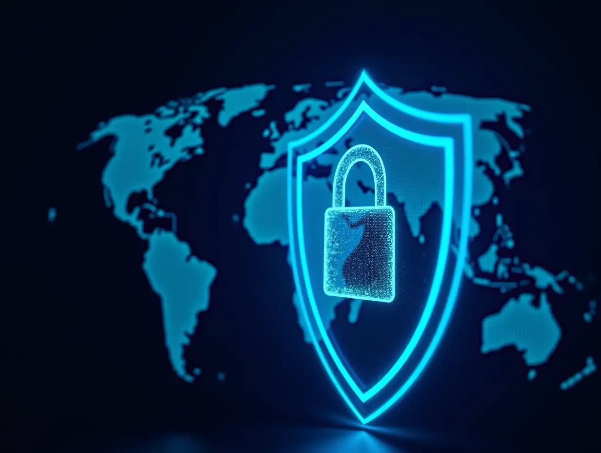 A glowing digital shield in front of a dotted globe, symbolizing cybersecurity and global protection. Neon blue lights, dark background, high-tech and futuristic design, with subtle digital elements inside the shield