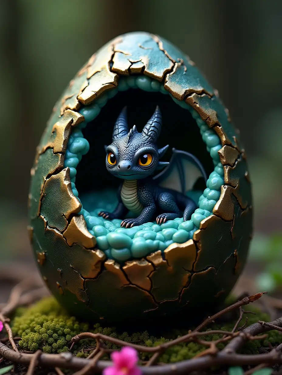 Gold Dragon egg with dark metallic green color, broken with rugged and hard textured scales of extreme realism, inside there is mucosa of light blue color, with a very realistic liquid, bright and viscous texture, in the middle of the egg there is a newborn black baby dragon with its small blue and white wings, its scales are extremely realistic, rugged and hard appearance, it has very realistic yellow eyes. The egg is in a nest of twigs, wild flowers and fresh moss hyperrealistic