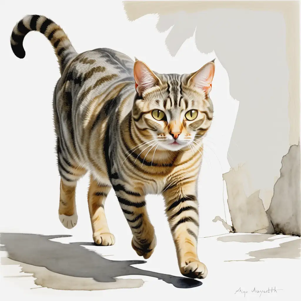 Gold and Gray Tabby Cat Walking Towards Viewer in Andrew Wyeth Style