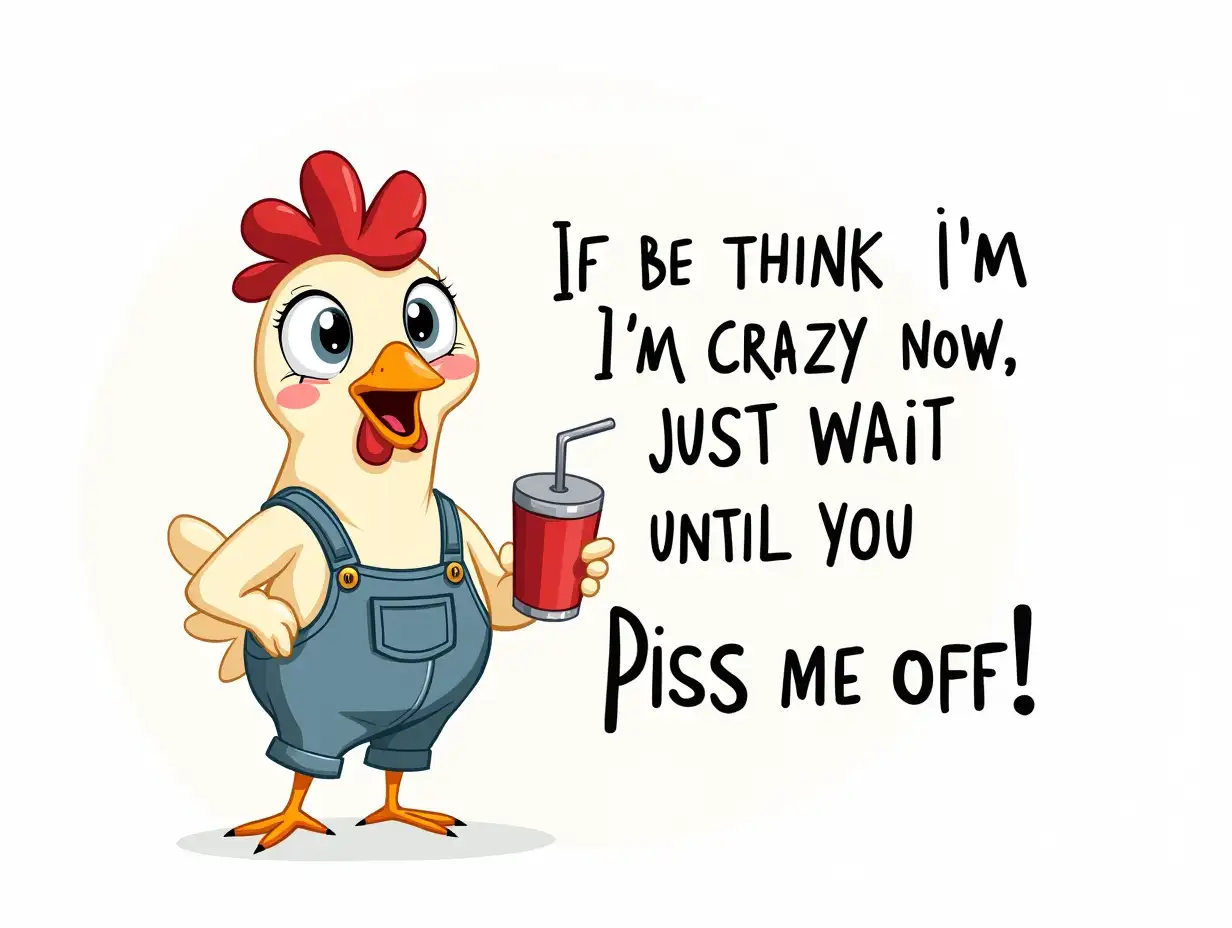 Vector. Create a detailed image of a cartoon chicken with a mischievous expression, wearing overalls and a tumbler, set against a white background with a decorative border. The text 'If you think I'm crazy now, just wait until you Piss me off!' should be prominently displayed in bold, black letters. Feminine