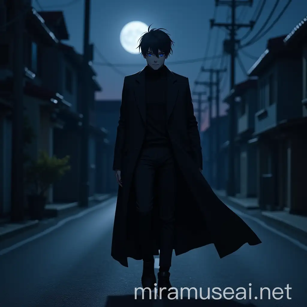 Man with Blue Sharingan Eyes Walking Under Moonlight in Black Outfit