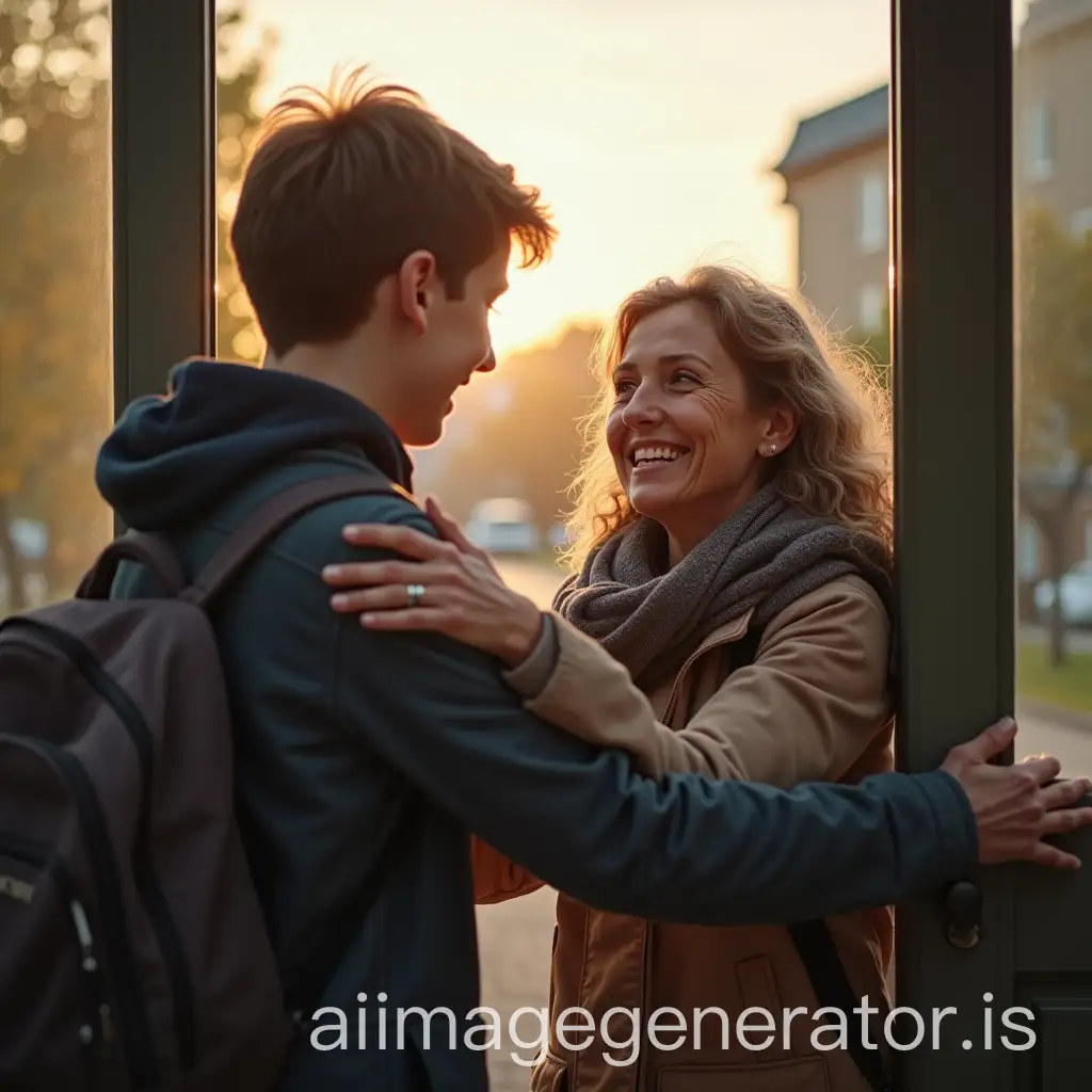 Realistic scene: A 16-year-old Russian boy is outside of school, and his 40-year-old smiling Russian mother is waiting for him and hugs him as he comes out. She speaks animatedly and he laughs. Morning light, an emotional and warm moment.