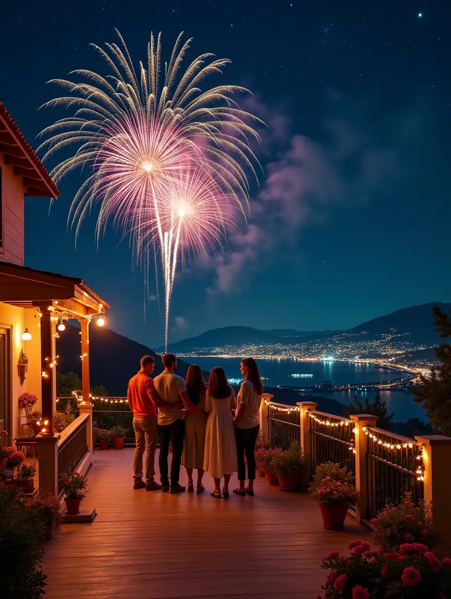 A magical New Year's night celebration on a beautifully decorated terrace of a charming home. The sky is pitch black, adorned with countless twinkling stars and galaxies, creating a mesmerizing cosmic backdrop. Vibrant fireworks light up the night, their colors reflecting softly on the surroundings. A big, happy family stands together on the terrace, enjoying the celebration—a mix of grandparents, parents, children, and siblings, all dressed festively. The terrace is adorned with beautiful flowers, fairy lights, and festive decorations, creating a warm and welcoming ambiance. Beyond the terrace, a stunning view stretches far into the distance, with faint city lights twinkling below and the silhouette of distant hills. The atmosphere is filled with laughter, joy, and the togetherness of loved ones, perfectly capturing the spirit of New Year’s Eve.