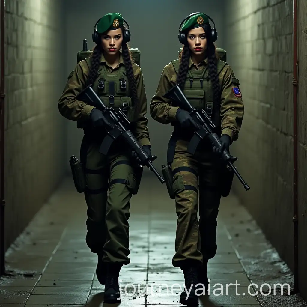Russian-Military-Women-Commanders-in-Tactical-Gear-Walking-Through-Dungeon-at-Night