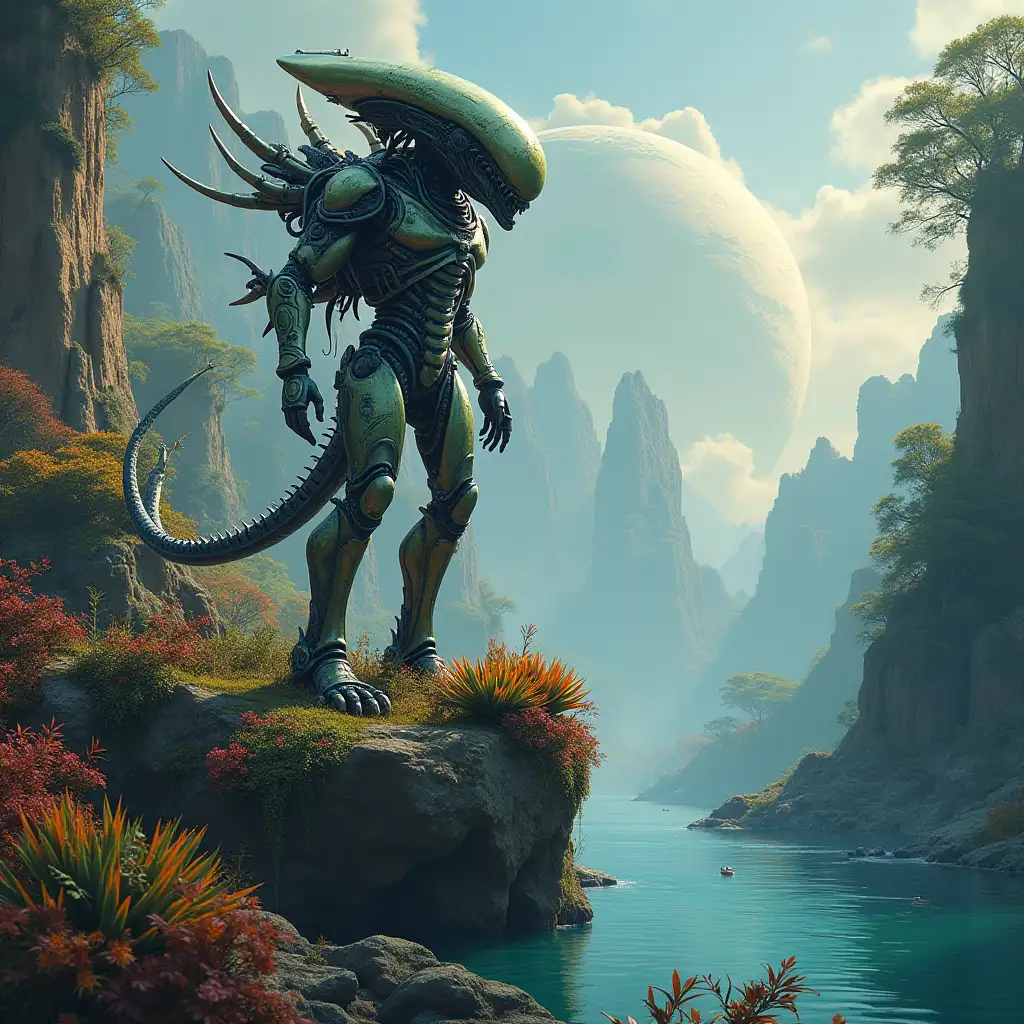 Hyperrealistic portrait of a gpanzerter metal alien king 15 in the sea on a rock with plants meters high with the elaborately detailed, colorful forested planet background