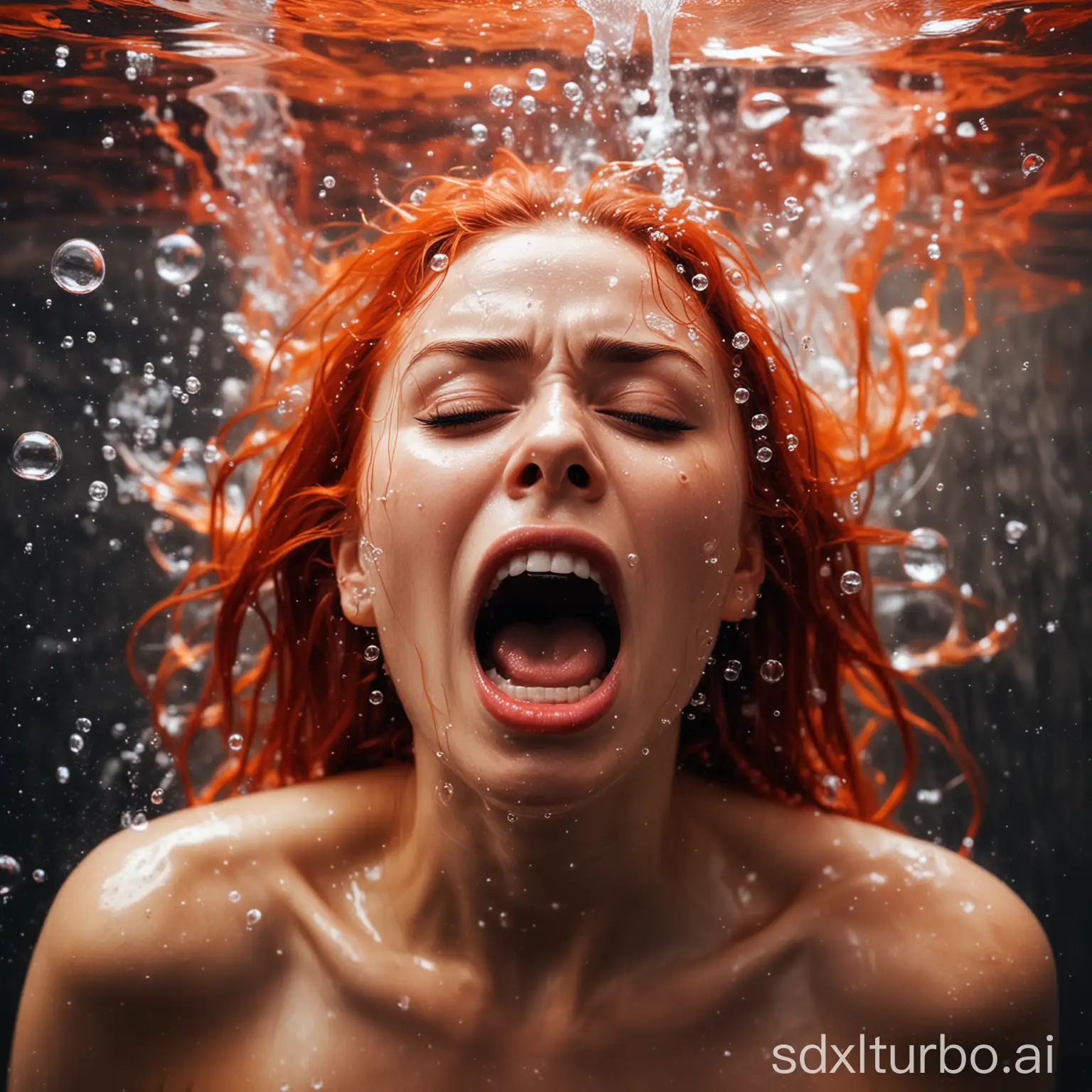 portrait of a woman under water, screaming in anger very expressively, bubbles coming out of her mouth, the whole image in red and orange tones, in artistic style of Reisha Perlmutter