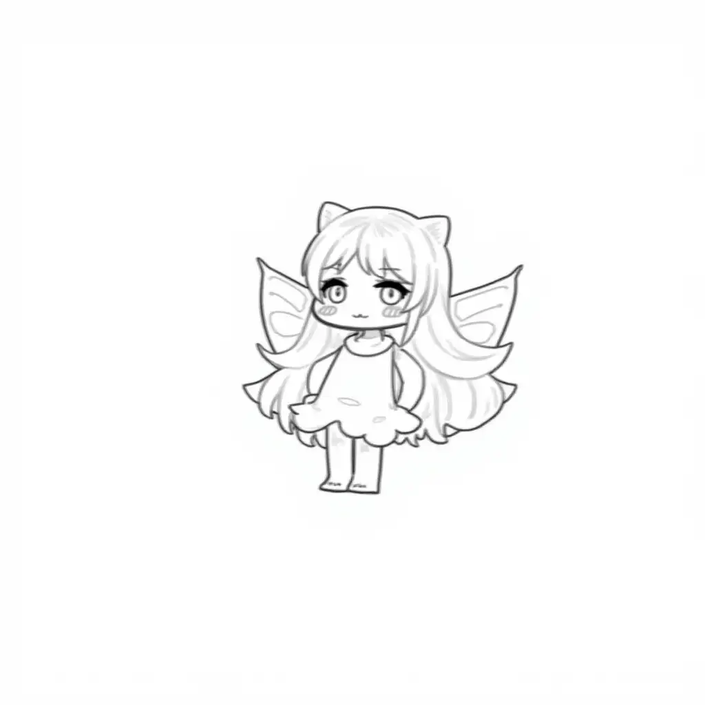Chibi-Fairy-with-Long-Hair-and-Fairy-Wings-in-Monochrome-Lineart
