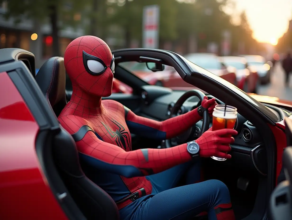 spider man inside a super car and a prime drink in his hand and at back ground there were a lot and lot of super cars