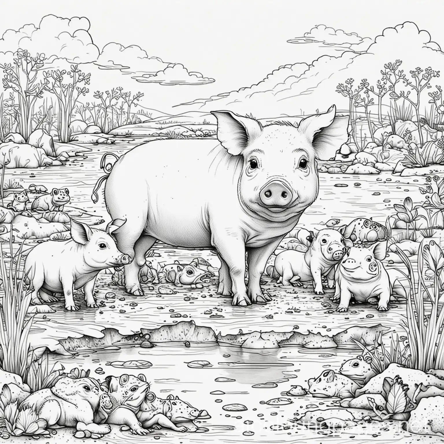 Coloring-Page-Pig-Frogs-and-Dogs-in-Black-and-White